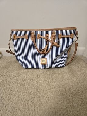 Dooney & Bourke Blue And White Striped Coated Canvas Tote Bag